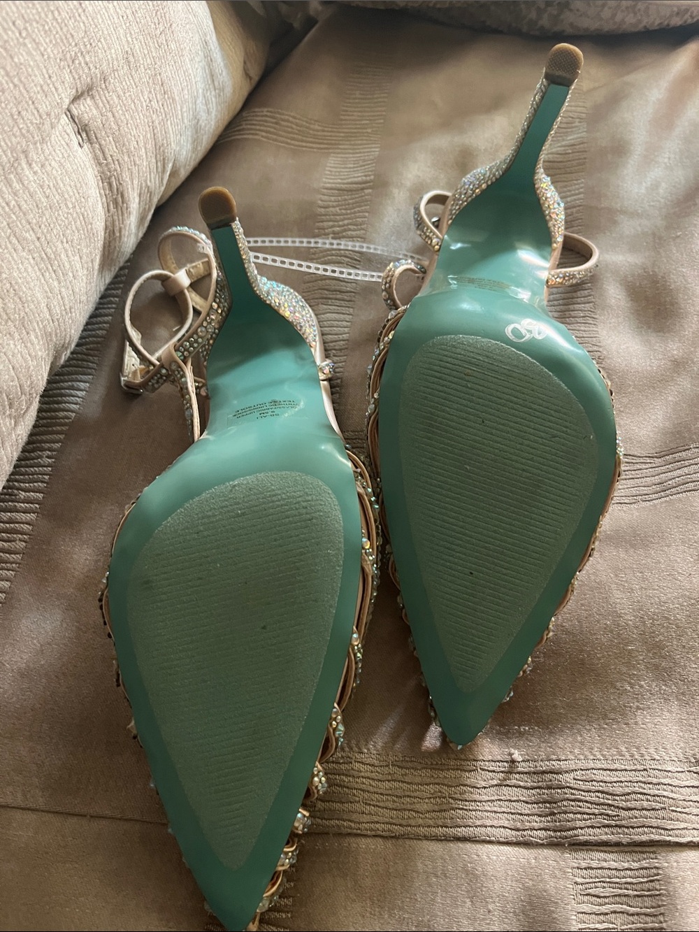 Betsey Johnson Beige Crystal T-Strap Pointed Heels - Picture 3 of 5